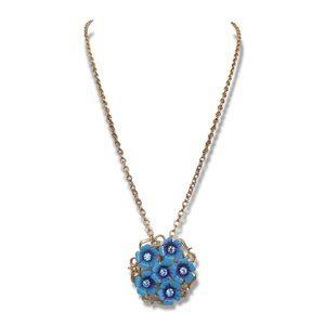 Vintage Blue Flower Faux Diamond Floral Pendant Brooch Combo Woman's